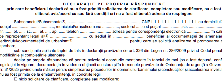 Avizare tacita in constructii: Formularul pentru declaratia pe propria raspundere, in vigoare