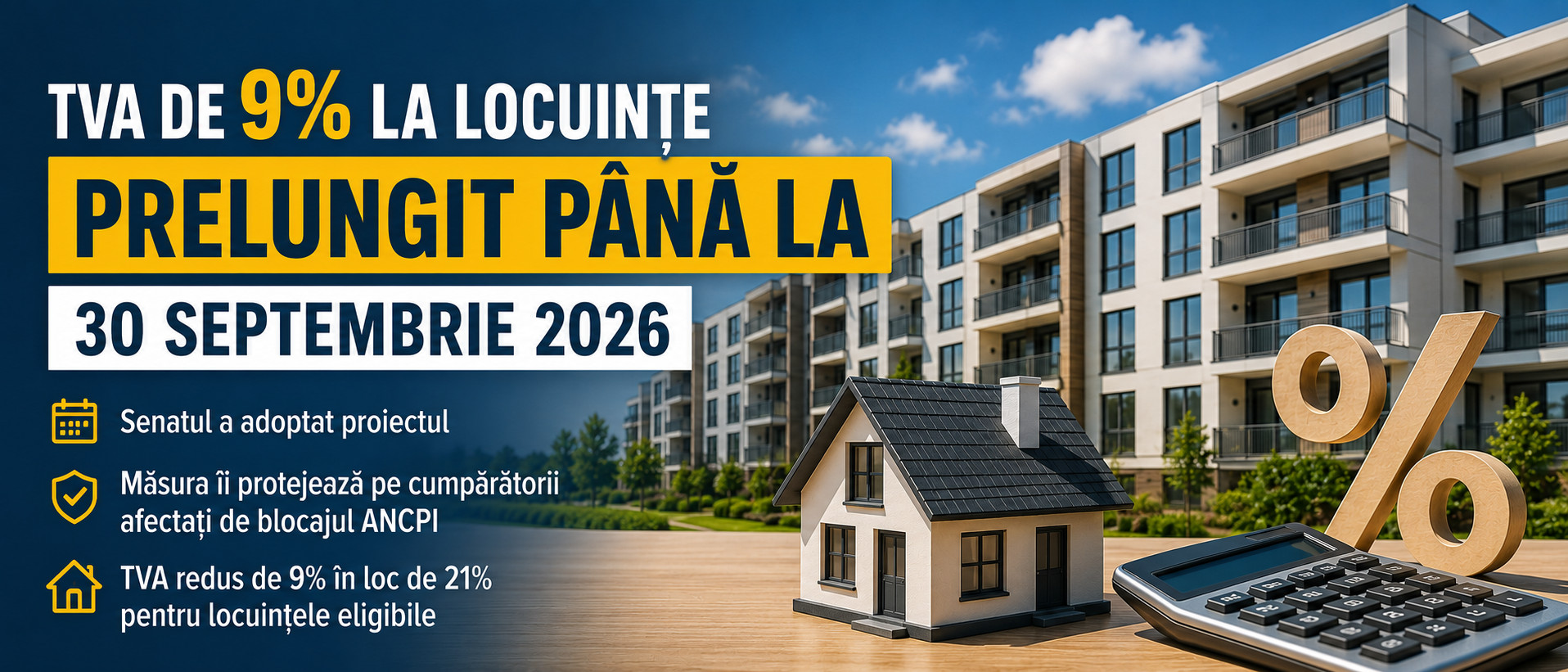 Termenul pentru locuințele cu TVA de 9% sau 19%, prelungit până la 1 Octombrie. Senatul a adoptat proiectul. Camera Deputaților a dat votul final
